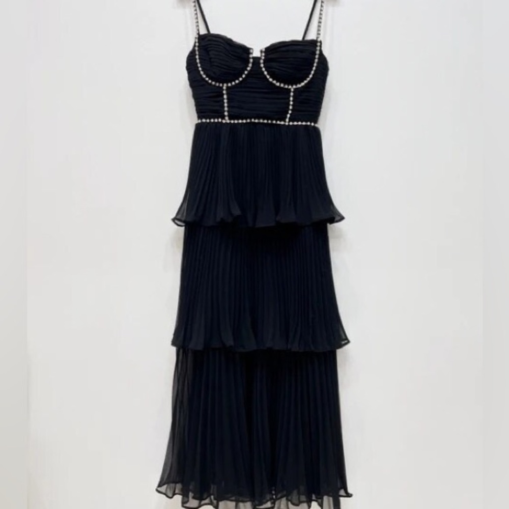 Self Portrait Diamonte Tiered Chiffon MIDI Dress in Black